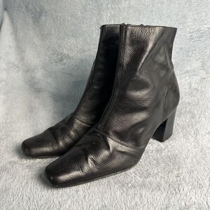 Vtg Y2K Black Block Heel Leather Zip Up Boots Women’s Sz 8.5 Square Toe Booties